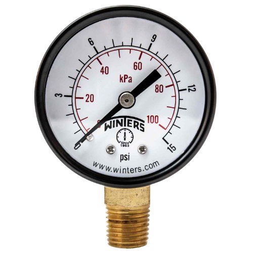 Winters PEM Series Steel Dual Scale Economy Pressure Gauge, 0-15 psi kpa, 2  Dial Display, + -3-2-3% Accuracy, 1 4  NPT Bottom Mount