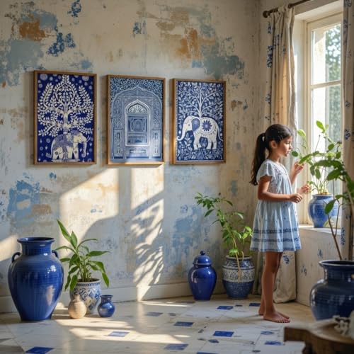 Image of Livin'luxe Set of 3 Blue Indian Heritage Wall Art Premium MDF Wooden Color Framed HD UV Printed Elephant Tree Palace Painting for Living Room Home Decor 11 Inch x 14 Inch