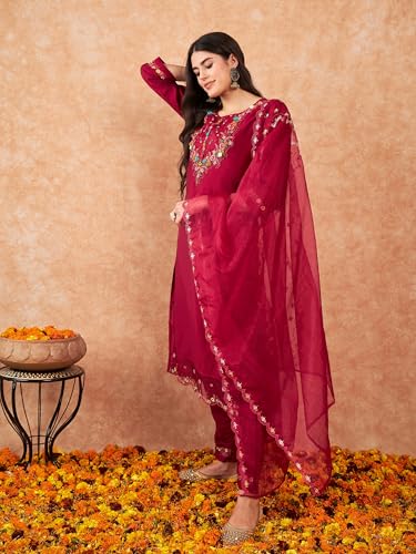 Image of INDO ERA Women's Embroidered Calf Length Silk Blend Straight Kurta Pant with Dupatta