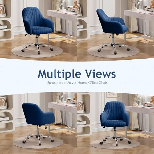 Image of Velvet Desk Chair for Home Office, Adjustable Swivel Task Chair Modern Computer Vanity Chairs with Arm Rest for Bedroom Living Room Make-up Room (Blue Dark)