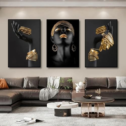 Impression salon femme africaine bijoux or triptyque toile 40x60 cm