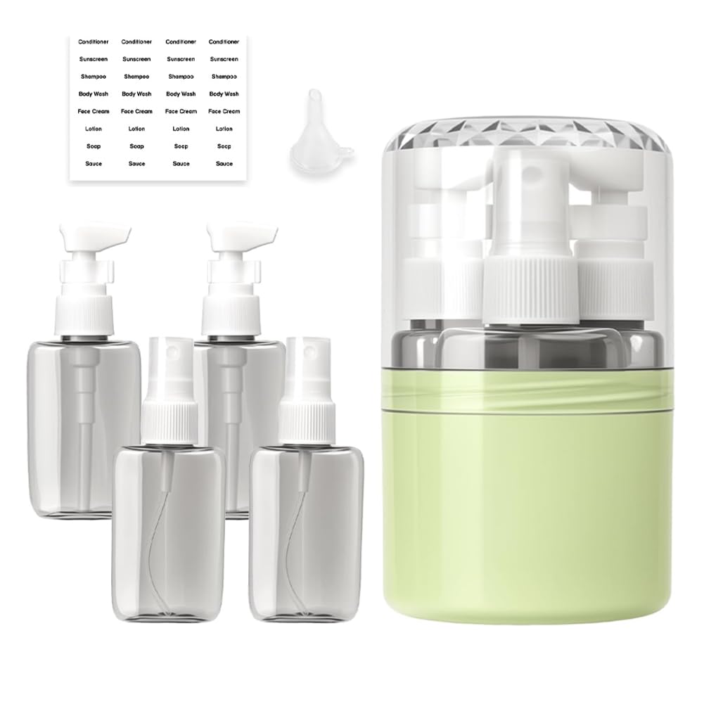 Set di bottiglie da viaggio 4 in 1, 50 ml, 2 testine spray e 2 testine per lozione, a prova di perdite, con etichette, accessori da viaggio per aereo, bagaglio a mano, ufficio, impermeabile e stabile