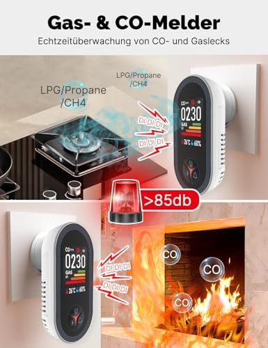 MOES Kohlenmonoxid- und Gasmelder 4-in-1 - Temperatur- & Luftfeuchtigkeitssensor für Haus & Wohnmobil
