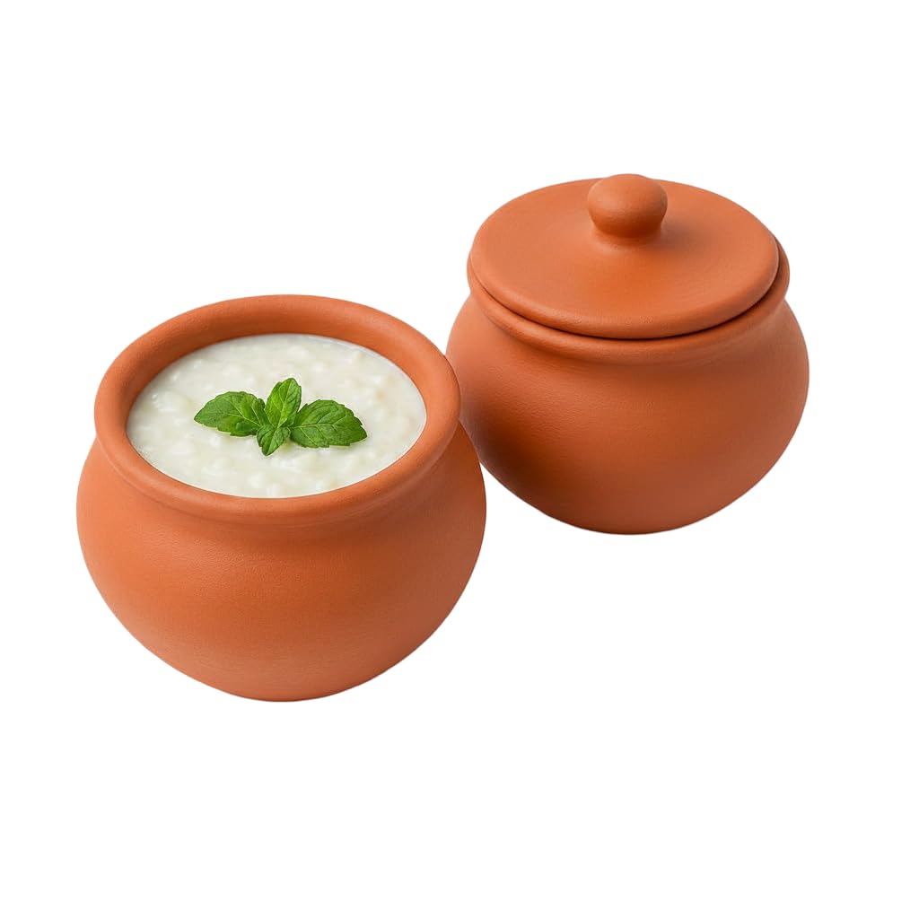 Clay Root Mitti Dahi Set of 2 Handmade Terracotta Yogurt Jars with Lids for Cooking and Serving 500ml
