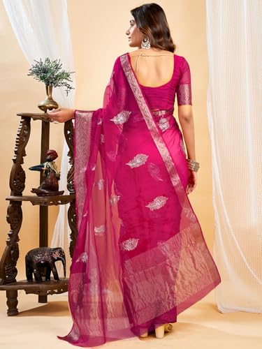 Image of Satrani Women's Organza Sequins Embroidery Jacquard Saree with Unstitched Blouse Piece