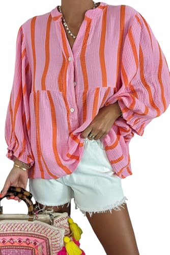 Maketina Womens Puff Sleeve Babydoll Tops Casual V Neck Striped Shirts Cotton Cute Loose Fit Flowy Blouse Orange L