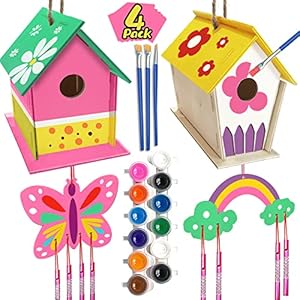 Crafts for Kids Ages 4-8 – 4 Pack DIY Bird House Wind Chime Kit – Build and Paint Birdhouses Wooden Arts Kits Easter Basket Stuffers Gifts for Girls Kids Boys Toddlers Ages 3-5 4-6 6-8 8-12