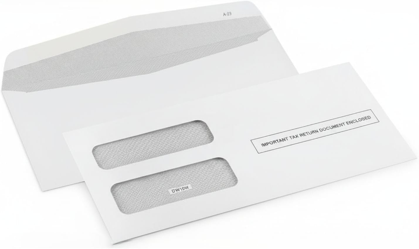 50 1099 NEC Envelopes, Designed for 3 UP 1099 NEC Tax Forms, 3 13/16’’ x 8 7/8’’, Gum Seal, Double-Window, Security Tinted Envelopes, 50 1099 Nec Envelopes
