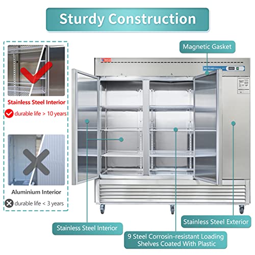 Image of WESTLAKE Commercial Freezer 82 inchW 3 Door 3 Section Stainless Steel Reach-in Solid Door Upright Fan Cooling 72 Cu.ft Freezer for Restaurant, Bar, Shop, etc