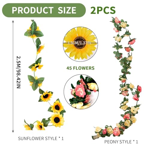 DHSBGWSX 2 Stück Künstliche Blumen-Rattan, Künstliche Sonnenblumen-Girlande, Künstliche Pfingstrosen-Blumenrebe, Sonnenblumen-Dekoration, Hängende Rebe, Hochzeits-Gartendekoration