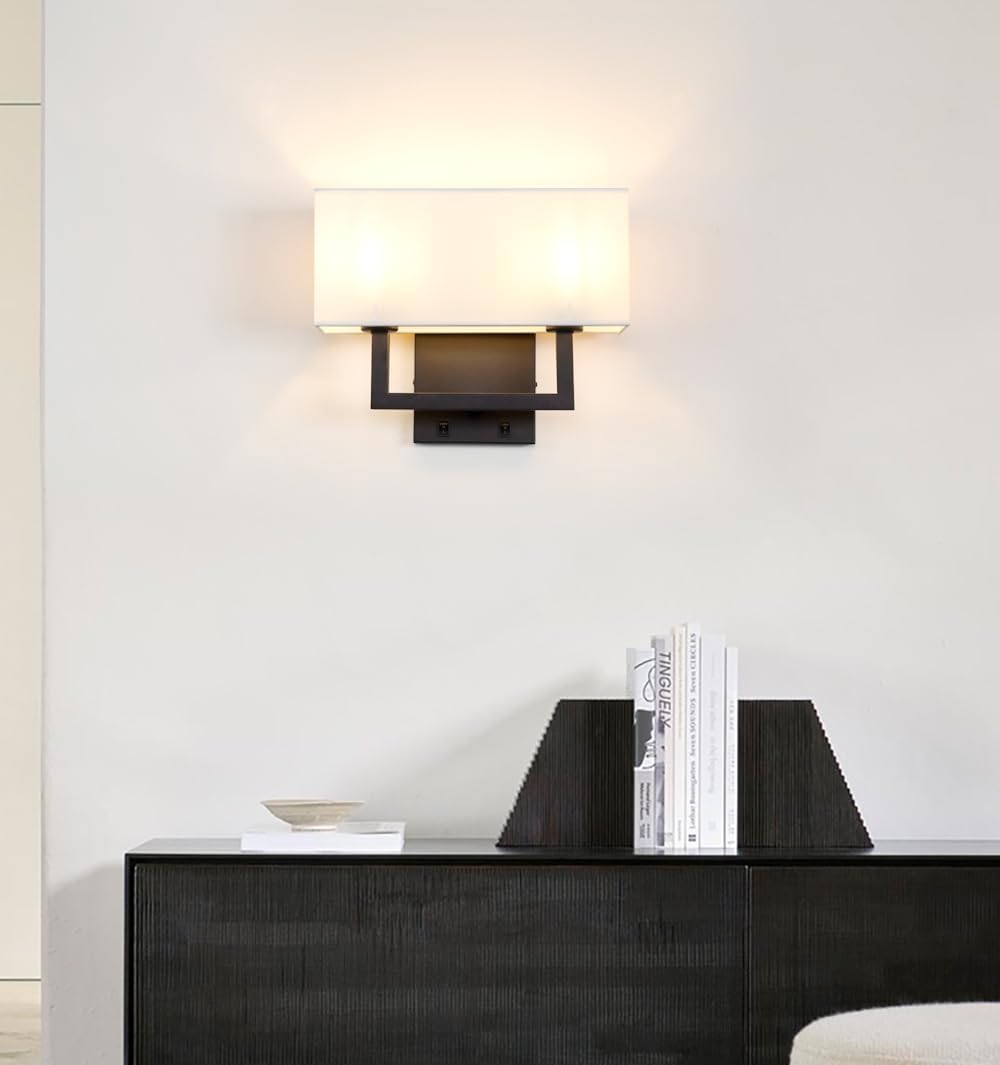 Yosoan Indoor Bedside Wall Sconce with On Off Switch, Modern Boho Interior Finish Brass 2-Light Vanity Vintage Industrial with Square White Fabric Shade for Reading Room Hallway(Black)