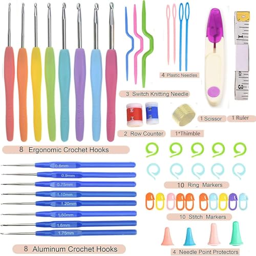 Image of Gemsy Knitting Crochet Hook Needle Set | Hard-Anodized Aluminum Hook for Embroidery | Ultimate Sewing, Craft, Sweater, Woolen Cloth, Yarn, Thread | Needles Kit for Knitting (52 pcs Crochet)