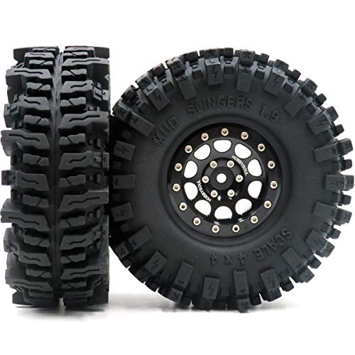 4Pcs Rc 1.9 Mud Slingers Tires Super Grip Tyre Height 120Mm / 4.72Inch & 1.9 Beadlock Wheel Rim Hex 12Mm Black Color #TOP1