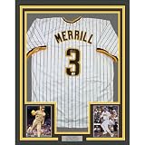 Framed Autographed/Signed Jackson Merrill 35x39 San Diego Pinstripe Baseball Jersey Beckett BAS COA
