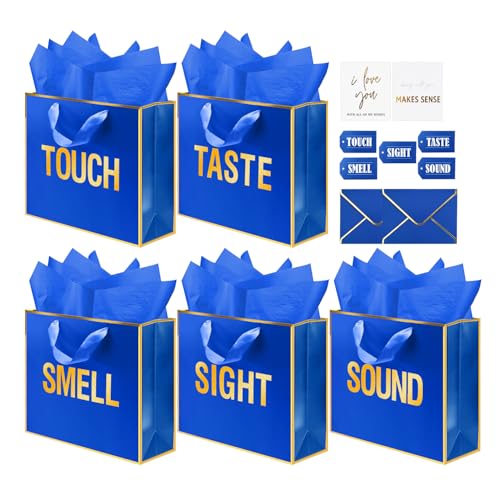 Large Gold Foil 5 Senses Gift Bags For Him Her with Labels Envelopes and Cards Sight Smell Touch Taste Sound Gift Bags with Tissue Paper For Birthday Anniversary MotherS Day Valentines Day 12 x 10 x 4 (Blue)