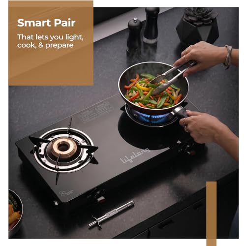Image of Lifelong 2 Burner Gas Stove with Gas Lighter | Modern Glass Stove with 6mm Toughened Glass | High-Efficient Manual Ignition Cooktop | ISI Certified & LPG Compatible | 360 Flexible Gas Inlet (Black)