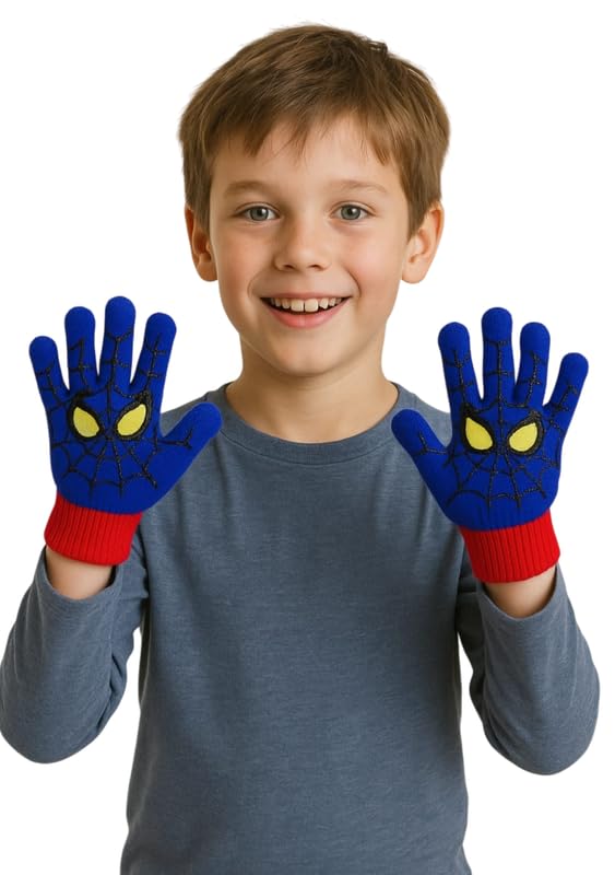 VINSON Kids Riding Gloves, Red Hero Cartoon Print Outdoor Thermal Anti-Slip Palm Design, for (4-5 Years) (Blue) - Image 3 thumbnail