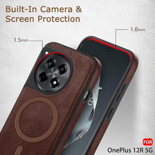 Image of TheGiftKart Genuine Leather Finish Back Cover Case for OnePlus 12R 5G | Shockproof Design | Raised Edges for Camera & Screen Protection | Stunning Minimalist Design Cover (MagSafe Compatible, Brown)