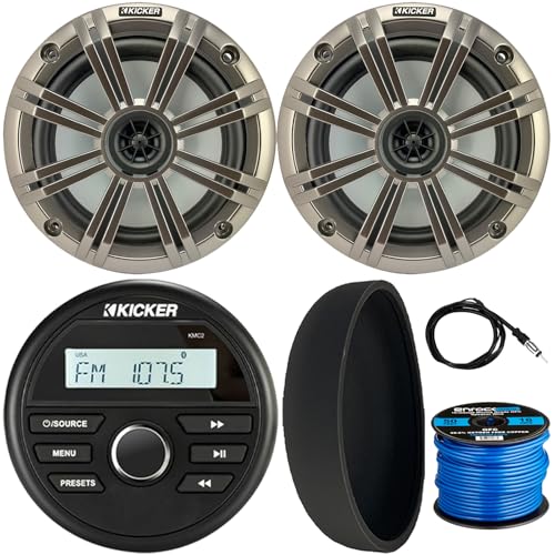 KICKER 46KMC2 Marine Bluetooth All-Weather AM/FM USB/AUX Gauge Style Media Center Receiver W/Black Cover, 2X 6.5 195 Watt Max Power Coaxial Speakers W/Silver Grille, Radio Antenna, Speaker Wire