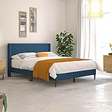 RST Brands Lindon Chevron Polyester Upholstered Modern Platform Bed, Wingback Headboard, in A Box, Queen (U.K. Standard), Navy