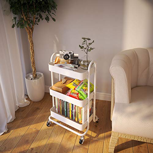 SNTD 3-Tier Rolling Utility Cart with Wheels Storage Shelves Trolley Service Cart for Bathroom Kitchen Office White