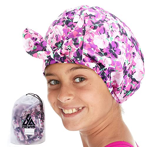 YAtwins Waterproof Shower Caps For Girls , Reusable Shower Cap For Kids , Satin Bonnet Protection Hair with shower cap for girls long hair , kids shower caps for girls, Purple