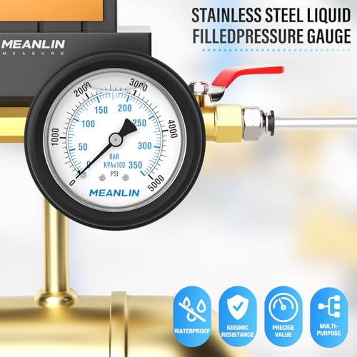 Image of MEANLIN MEASURE 0~5000Psi Stainless Steel Liquid Filled Pressure Gauge 1 /4 inch NPT 2.5 inch FACE DIAL with Rubber Protective Sleeve, Center Back Mount