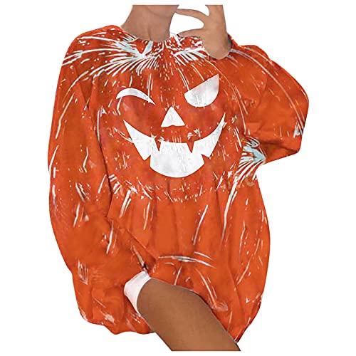 luohaibell Halloween suéter sudadera de las mujeres sin capucha mueca calabaza estampado sudadera con capucha manga larga casual suéter, A naranja., XL