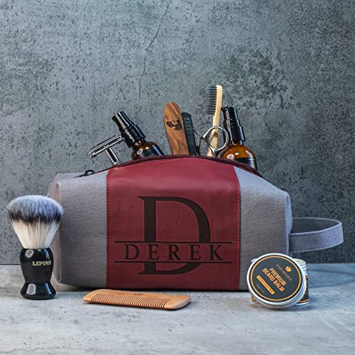 Toiletry Bag for Men Personalized, Laser Engraved Initial & Name on Leather, Custom 4 Canvas Colors - Gift for Husband, Dad, Boy Friend, Handcrafted Travel Bag, Waterproof Shaving Dopp Kit4