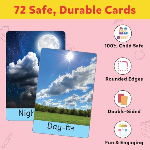 Image of Flash Cards for 3 Year Old | 72 Double-Sided English-Hindi Flashcards with 120+ Pictures | Alphabet, Animals, Fruits & Learning Cards for Kids | Preschool Educational Toy