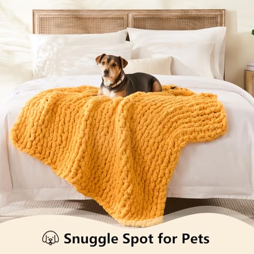 Image of L'AGRATY Chunky Knit Throw Blanket for Couch, 40 x 50 Inches Mustard Yellow