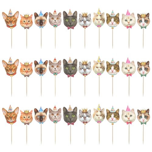 30 pcs Cat Cupcake Toppers, Cats Face Cupcake Toppers, Single Sid...