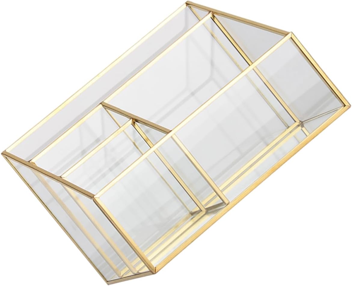 GALPADA Glass Lipstick Organizer and Makeup Brush Holder with Metal Frame, Cosmetic Display Case for Vanity Counter, Skincare and Jewelry Storage Box for Bathroom and Desktop
