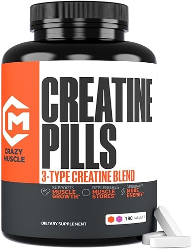 Pastillas de Monohidrato de Creatina de Crazy Muscle, Premium con 3 Tipos de 5g de Creatina, Pre y PostEntrenamiento y Constructor de Energía Keto,
