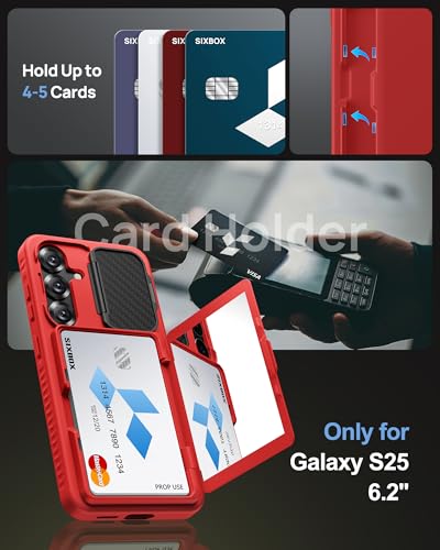 Image of for Samsung Galaxy S25 Case with Card Holder, Built-in Stand & Camera Lens Cover, Shockproof Rugged Silicone Raised Edge Protective Wallet Protective Phone Case for Samsung S25 5G 2025, Red