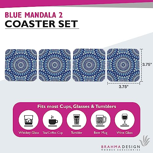 Image of Wooden Coaster Set with Gift Box | Blue Mandala 2 Design | Set of 4 Tabletop Square Coasters 3.75 inch x 3.75 inch | Kitchen Table Wooden Decorative Items | for Cups, Mugs, Cans, Glasses