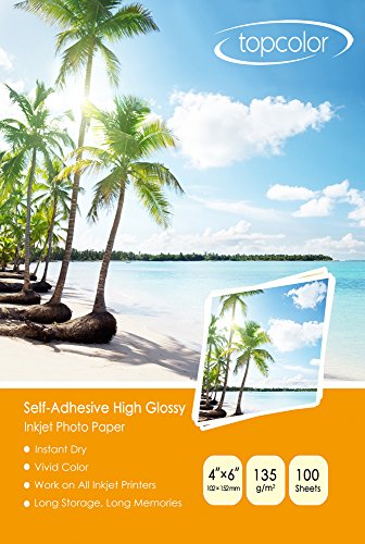Only Use on Dye Ink, Topcolor 4x6 (Please Note the SIZE before buying: 10.2 x 15.2 cm) Small High Glossy Inkjet Photo Sticker Paper Self-Adhesive for all Inkjet Printers (100 Sheets)