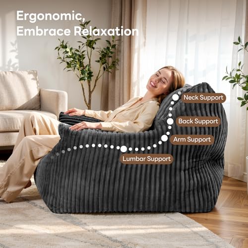 Image of Giant Bean Bag Chair, Oversized Bean Bag Couch for Adults, Fluffy Corduroy BeanBag with Armrests for Living Room, Bedroom, Dorm Vacuum-Compressed for Easy Gifting, 48h to Expand, Dark Gray