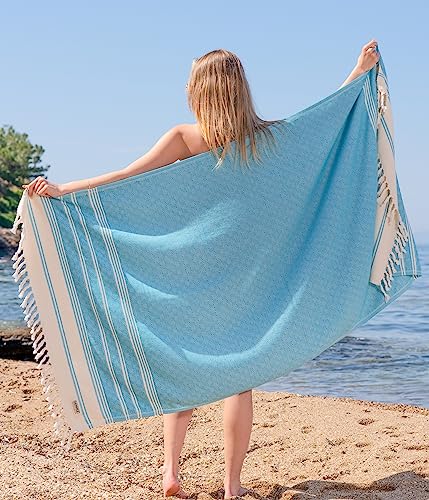 Demmex Certified 100% Organic Turkish Cotton Beach And Bath Towel, Peshtemal Blanket, Light Compact Travel Towel For Adults, Quick Dry Sand Free, Prewashed, Diamond Weave, Xl 71X36 (Turquoise) #TOP4