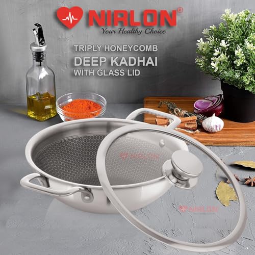 Image of NIRLON Prima Honeycomb Triply Stainless Steel Deep Kadai with Glass Lid | 22cm /2Ltr |Non-Toxic | Safe to Use | Uniform Heating | Heavy-Duty Handle | Easy Cleaning (Induction and Gas Stove Friendly)
