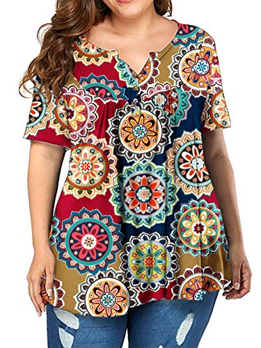Women's Plus Size Tops Floral Print Henley Shirt Buttons Up Blouses Tunic F 16W