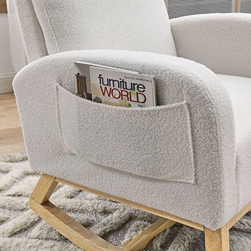 Krinana Nursery Rocking Chair With Solid Wood Legs, Glider Chair For Nursery With Two Side Pockets, Rocker Armchair For Living Room Bedroom (White, Teddy Fabric) #TOP7