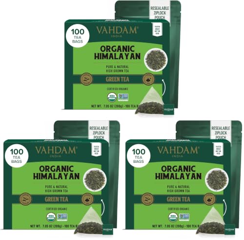 Image of VAHDAM, Organic Himalayan Green Tea (100 Count) High Grown, Non GMO, Gluten Free, Low Caffeine | Earthy & Smooth | Resealable & Plant-Based Pyramid Tea Bags (Pack of 3)