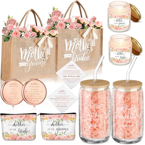 Hushee 2 Sets Mother of the Bride and Mother of the Groom Gifts Set Includes 16 oz Glass Cups Canvas Tote Bags Cosmetic Bag Handkerchief Candle for Mom Bridal Shower Wedding Gifts(Eucalyptus)