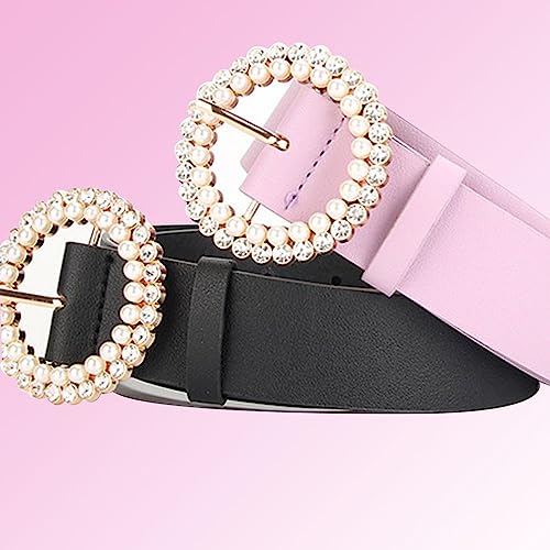 Leadigol PU Leather Pearl Belt, Vintage Round Buckle Women's Belt, Faux Leather Jeans Belt, Casual Buckle Waist Belt3