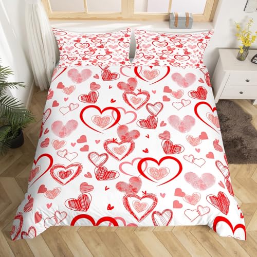 jejeloiu Heart Print Duvet Cover Toddler Size Valentine's Day Bedding Set for Boys Girls Children Red White Comforter Cover Romantic Room Decor Bedspread 2Pcs