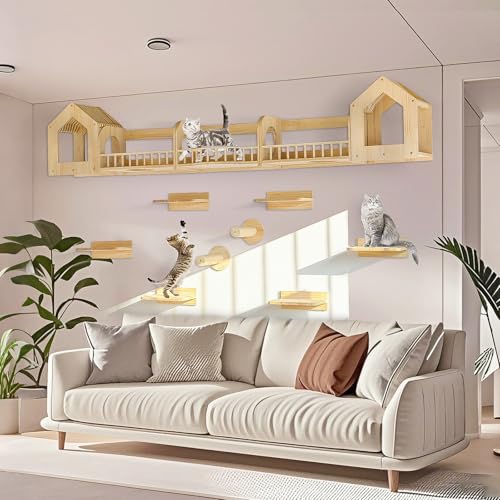 Cat Wall Shelves and Furniture Set with Condos Perches Bridge Ladders Sisal Scratching Posts - Steps and Houses for Cats (D)
