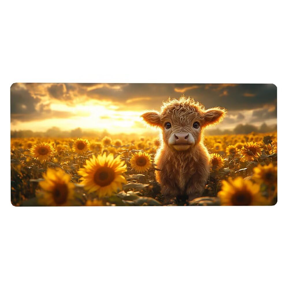 Tapis de Souris bovins des Highlands Desk Mat Bords Cousus Design Durable et Lmperméable sous Main Bureau avec Base en Caoutchouc Antidérapante pour Bureau Tapis Souris 1200X600X3MM, Tournesol -309