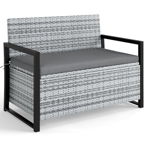 Image of Tangkula 40 Gallon Outdoor Bench with Storage, Patio Wicker Storage Bench with Cushion, Cover, Metal Frame, Deck Box Seat for Backyard, Poolside, Balcony, Garden