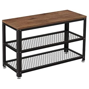 VASAGLE, 3-Tier Shoe Rack, Shelf Storage Bench with Metal Mesh Shelves and Seat, Free Standing Shoe Organizer for Entryway, 11.8 x 28.7 x 17.7 Inches, Hazelnut Brown and Black ULBS073B03